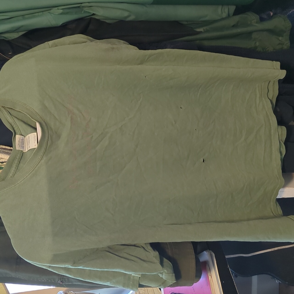 XL Cotton T shirt, green with orange lettering, some holes